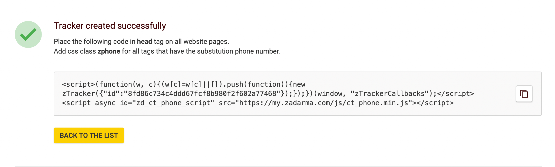 Call Tracking successful tracker creation